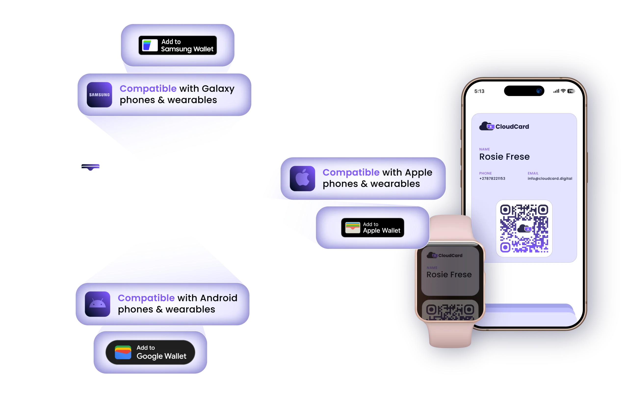 CloudCard digital business card compatible with Apple, Samsung, and Android devices via Apple Wallet, Google Wallet, and Samsung Wallet.